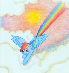 Size: 1562x1650 | Tagged: safe, artist:maniacalmelody, rainbow dash, pegasus, pony, cloud, cloudy, flying, sky, solo, sun, traditional art