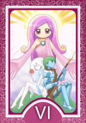 Size: 1200x1728 | Tagged: safe, artist:howxu, princess cadance, human, apple, armor, clothes, dress, food, humanized, spear, tarot, tarot card, weapon