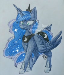 Size: 1836x2160 | Tagged: safe, artist:sue--boo, princess luna, alicorn, pony, cute, cute little fangs, fangs, simple background, solo, traditional art, watermark