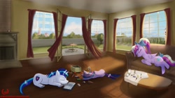 Size: 2560x1440 | Tagged: safe, artist:greenbrothersart, princess cadance, shining armor, twilight sparkle, unicorn twilight, alicorn, pony, unicorn, book, coffee table, cute, female, figurine, filly, filly twilight sparkle, fireplace, male, mare, sleeping, sofa, stallion, teen princess cadance, window, younger