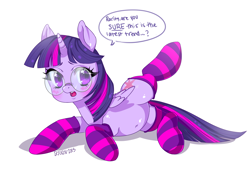 Size: 2570x1779 | Tagged: safe, artist:bjorn-bi, derpibooru import, twilight sparkle, twilight sparkle (alicorn), alicorn, pony, belly button, blushing, clothes, cute, female, glasses, mare, meganekko, socks, solo, striped socks