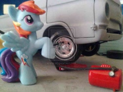 Size: 900x675 | Tagged: safe, rainbow dash, pegasus, pony, dodge a100, garage, tools, toy, truck, watermark
