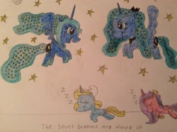 Size: 3182x2366 | Tagged: safe, artist:smurfettyblue, nightmare moon, princess luna, oc, oc:princess artia, oc:smurfetty blue, alicorn, pony, unicorn, flying, sleeping, spread wings, stars, the stuff dreams are made of, traditional art, wings, zzz