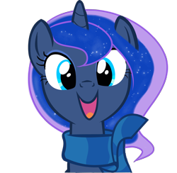 Size: 4400x4287 | Tagged: safe, artist:elementalokami, princess luna, alicorn, pony, absurd resolution, clothes, cute, female, happy, looking at you, lunabetes, mare, missing accessory, open mouth, scarf, simple background, smiling, solo, transparent background