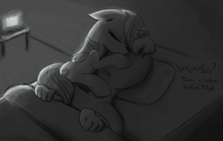 Size: 1900x1200 | Tagged: artist needed, safe, derpibooru import, twilight sparkle, twilight sparkle (alicorn), oc, oc:anon, alicorn, pony, :o, bed, blanket, computer, cuddling, cute, dialogue, eyes closed, facehug, female, floppy ears, hug, mare, monochrome, on side, open mouth, pillow, sleeping, snuggling, table, twiabetes