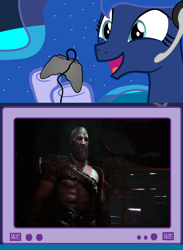 Size: 562x769 | Tagged: safe, princess luna, alicorn, pony, exploitable meme, gamer luna, god of war, kratos, meme, obligatory pony, playstation 4, tv meme