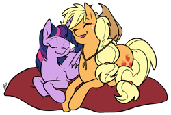 Size: 1039x697 | Tagged: safe, artist:egophiliac, derpibooru import, applejack, twilight sparkle, twilight sparkle (alicorn), alicorn, earth pony, pony, cuddling, female, lesbian, mare, pillow, shipping, snuggling, twijack