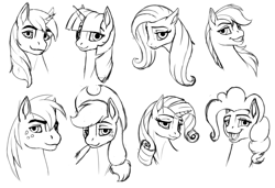 Size: 902x617 | Tagged: safe, artist:wwredgrave, applejack, big macintosh, fluttershy, pinkie pie, rainbow dash, rarity, shining armor, twilight sparkle, earth pony, pegasus, pony, unicorn, apple family, bust, monochrome, sketch, sparkle family