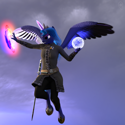 Size: 1280x1280 | Tagged: safe, artist:stellarator, princess luna, alicorn, anthro, unguligrade anthro, 3d, blender, cycles, female, flying, hipposandals, jewelry, magic, mare, not sfm, solo, sword, tiara, weapon, wings