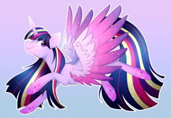 Size: 1024x707 | Tagged: safe, artist:scarlet-spectrum, derpibooru import, twilight sparkle, twilight sparkle (alicorn), alicorn, pony, female, flying, mare, rainbow power, solo, watermark