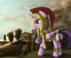 Size: 3658x3000 | Tagged: safe, artist:plotcore, derpibooru import, owlowiscious, twilight sparkle, twilight sparkle (alicorn), alicorn, owl, pony, armor, armor skirt, athena sparkle, clothes, female, mare, scenery, skirt, solo, technically an upskirt shot