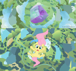 Size: 1000x932 | Tagged: safe, derpibooru import, edit, edited screencap, screencap, fluttershy, spike, twilight sparkle, twilight sparkle (alicorn), alicorn, dragon, pegasus, pony, the cutie mark chronicles, the cutie re-mark, bird's eye view, cloud, comparison, falling, female, filly, foal, mare, peril