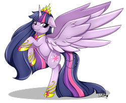 Size: 1200x984 | Tagged: safe, artist:pillonchou, derpibooru import, twilight sparkle, twilight sparkle (alicorn), alicorn, pony, alternate hairstyle, bipedal, element of magic, female, large wings, long hair, long mane, long tail, mare, signature, solo