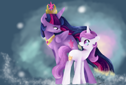 Size: 1600x1091 | Tagged: safe, artist:rustyscreech, derpibooru import, princess celestia, twilight sparkle, twilight sparkle (alicorn), alicorn, pony, unicorn, alternate universe, blushing, eye contact, female, lidded eyes, looking back, mare, open mouth, pink-mane celestia, princess celestia's special princess making dimension, role reversal, smiling, younger