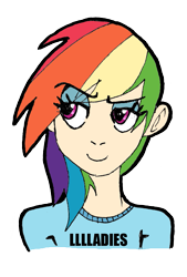 Size: 787x1163 | Tagged: safe, artist:demondice, rainbow dash, clothes, female, humanized, multicolored hair, solo