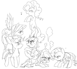 Size: 892x800 | Tagged: safe, artist:chi-hayu, derpibooru import, applejack, fluttershy, pinkie pie, rainbow dash, rarity, twilight sparkle, twilight sparkle (alicorn), alicorn, earth pony, pegasus, pony, unicorn, female, mane six, mare, monochrome