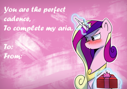 Size: 1280x908 | Tagged: safe, artist:anticular, princess cadance, alicorn, pony, abstract background, ask sunshine and moonbeams, blushing, female, hearts and hooves day, mare, present, solo, tsundere, valentine's day, valentine's day card