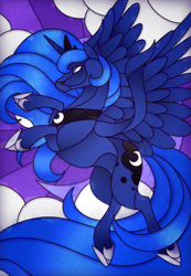 Size: 3600x5207 | Tagged: safe, artist:scarlet-spectrum, princess luna, alicorn, pony, absurd resolution, crown, female, jewelry, mare, rearing, regalia, solo, stained glass