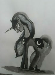 Size: 1012x1367 | Tagged: safe, artist:gunslingerpen, princess luna, alicorn, pony, gradient background, grayscale, monochrome, open mouth, solo, traditional art