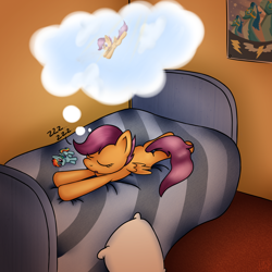 Size: 3000x3000 | Tagged: safe, artist:viffex, rainbow dash, scootaloo, pegasus, pony, dream, plushie, scootaloo can fly, sleeping, zzz