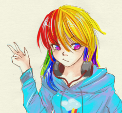 Size: 2100x1954 | Tagged: safe, artist:hyouden, rainbow dash, headphones, humanized, solo