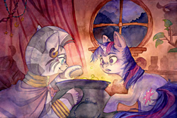 Size: 2250x1500 | Tagged: safe, artist:teahee, derpibooru import, twilight sparkle, zecora, zebra, cauldron, cloak, clothes, duo, female, glow, interior, magic, potion, traditional art, watercolor painting, zecora's hut