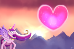 Size: 1920x1280 | Tagged: safe, artist:egstudios93, princess cadance, alicorn, pony, heart, magic, solo, sunrise, wallpaper