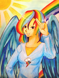 Size: 3000x4000 | Tagged: safe, artist:skyzyz, rainbow dash, humanized, solo, traditional art, winged humanization