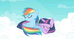 Size: 2254x1200 | Tagged: safe, artist:bondagelover888, derpibooru import, rainbow dash, twilight sparkle, twilight sparkle (alicorn), alicorn, pegasus, pony, cute, female, lesbian, mare, shipping, sleeping, twidash