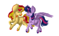 Size: 2376x1440 | Tagged: safe, artist:crazyaniknowit, derpibooru import, sunset shimmer, twilight sparkle, twilight sparkle (alicorn), alicorn, pony, eyes closed, female, fluffy, galloping, mare, simple background