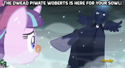 Size: 1024x559 | Tagged: safe, edit, edited screencap, screencap, princess luna, snowfall frost, starlight glimmer, alicorn, pony, a hearth's warming tail, andre the giant, caption, discovery family logo, frown, glare, glowing horn, magic, pointing, snow, snowfall, spirit of hearth's warming yet to come, spread wings, the princess bride, wings