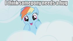 Size: 853x480 | Tagged: safe, edit, edited screencap, screencap, rainbow dash, pegasus, pony, friendship is magic, bronybait, cloud, cute, dashabetes, hug, image macro, solo