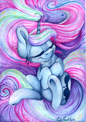 Size: 1725x2444 | Tagged: safe, artist:cutepencilcase, princess luna, alicorn, pony, eyes closed, freckles, on back, sleeping, solo, traditional art, underhoof, watercolor painting