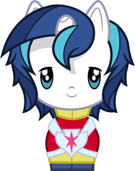 Size: 3000x3789 | Tagged: safe, artist:cloudyglow, shining armor, pony, unicorn, chibi, clothes, cute, cutie mark crew, high res, lidded eyes, looking at you, male, shining adorable, simple background, smiling, solo, stallion, toy, transparent background