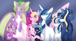 Size: 2771x1500 | Tagged: safe, artist:clay-bae, princess cadance, princess flurry heart, shining armor, spike, oc, oc:agape heart, oc:draconus, oc:eros heart, oc:pure heart, oc:rythmic beat, alicorn, dracony, dragon, hybrid, pegasus, pony, unicorn, adult, adult spike, colored pupils, family photo, female, floppy ears, flurryspike, holding, hug, interspecies offspring, male, offspring, older, older flurry heart, older spike, parent:princess cadance, parent:princess flurry heart, parent:shining armor, parent:spike, parents:flurryspike, parents:shiningcadance, shiningcadance, shipping, straight, winged spike