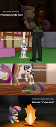 Size: 1920x4320 | Tagged: safe, artist:red4567, princess cadance, princess flurry heart, shining armor, alicorn, pony, unicorn, comic:princess punny heart 2, 3d, campfire, comic, dark, dark souls, diaper, exclamation point, horror movie, source filmmaker, teddy bear