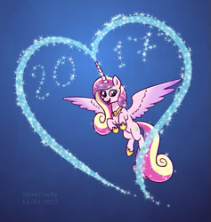 Size: 623x657 | Tagged: safe, artist:haretrinity, princess cadance, alicorn, pony, 2017, female, flying, heart, mare, solo, spread wings, valentine's day