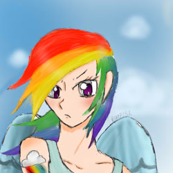 Size: 512x512 | Tagged: safe, artist:blackgirlanimefan152, rainbow dash, clothes, female, humanized, multicolored hair, winged humanization