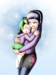 Size: 1500x2000 | Tagged: safe, artist:evil-rick, derpibooru import, spike, twilight sparkle, human, butt touch, carrying, cute, female, hand on butt, holding, humanized, male, mama twilight, mother and child, parent and child, sleeping, spikabetes, spikelove, twiabetes