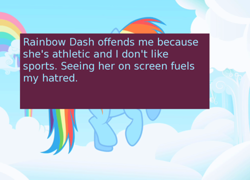 Size: 500x360 | Tagged: safe, screencap, rainbow dash, pegasus, pony, meta, offensive ponies, opening, text