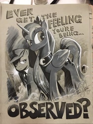 Size: 900x1200 | Tagged: safe, artist:andypriceart, observer (character), princess luna, alicorn, pony, andy you magnificent bastard, fringe, traditional art