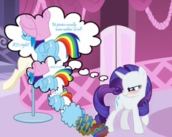 Size: 1408x1120 | Tagged: safe, edit, edited screencap, screencap, rainbow dash, rarity, pegasus, pony, unicorn, angry, blushing, carousel boutique, close-up, dna, embarrassed, eyes closed, female, frown, fur, glare, inside coat, lesbian, looking back, looking down, mare, nothing at all, parody, plot, raised hoof, raridash, reference, simpsons did it, smiling, solo, stupid sexy flanders, stupid sexy rainbow dash, text, the simpsons, thought bubble, towel, we don't normally wear clothes, wet mane