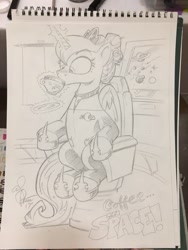 Size: 768x1024 | Tagged: safe, artist:andypriceart, princess luna, pony, andy you magnificent bastard, clothes, coffee, cosplay, costume, crossover, kathryn janeway, solo, star trek, star trek: voyager, traditional art