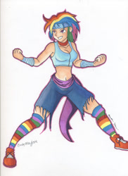 Size: 600x826 | Tagged: safe, artist:finalroundstudios, rainbow dash, clothes, female, humanized, multicolored hair, traditional art