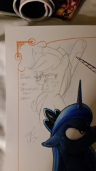 Size: 675x1200 | Tagged: safe, artist:andypriceart, applejack, princess luna, alicorn, earth pony, pony, andy you magnificent bastard, background pony applejack, baseball bat, evil grin, grin, smiling, traditional art