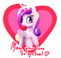 Size: 1024x968 | Tagged: safe, artist:mgmax, princess cadance, alicorn, pony, heart, hearts and hooves day, postcard, simple background, smiling, solo, text