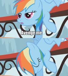 Size: 855x960 | Tagged: safe, edit, edited screencap, screencap, rainbow dash, pegasus, pony, applebuck season, death, image macro, implied, solo