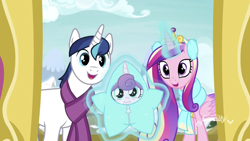 Size: 1334x750 | Tagged: safe, screencap, princess cadance, princess flurry heart, shining armor, alicorn, pony, unicorn, best gift ever, baby, baby pony, clothes, cute, cutedance, family, father and child, father and daughter, female, filly, flurrybetes, husband and wife, magic, male, mare, married couple, mother and child, mother and daughter, parent and child, scarf, shining adorable, smiling, stallion, star flurry heart