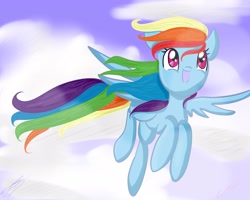 Size: 3500x2800 | Tagged: safe, artist:fikakorv, rainbow dash, pegasus, pony, cloud, female, flying, happy, looking up, mare, sky, solo