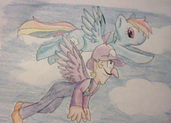 Size: 640x462 | Tagged: safe, rainbow dash, pegasus, pony, crossover, flying, super mario bros., traditional art, waluigi, wat, wings